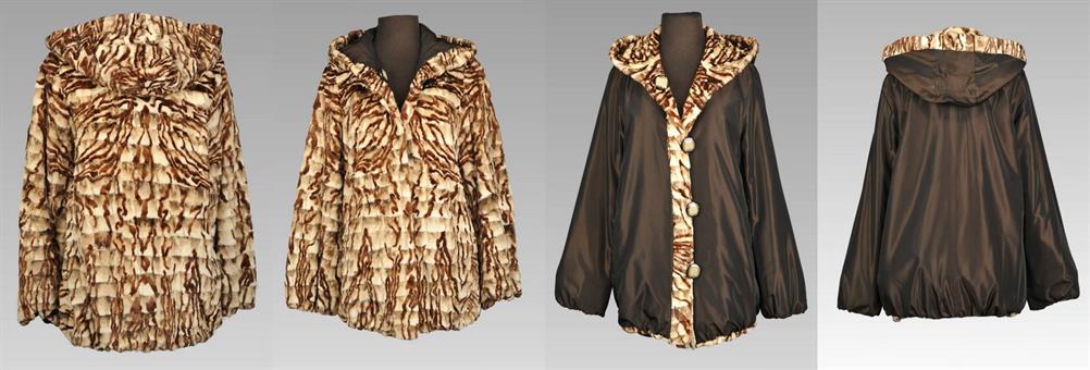 Stenciled sheared Mink sections jacket with hood reversible to cloth jacket Size 12 Length 28 Back</BR><font size="+2">$995.00<font>